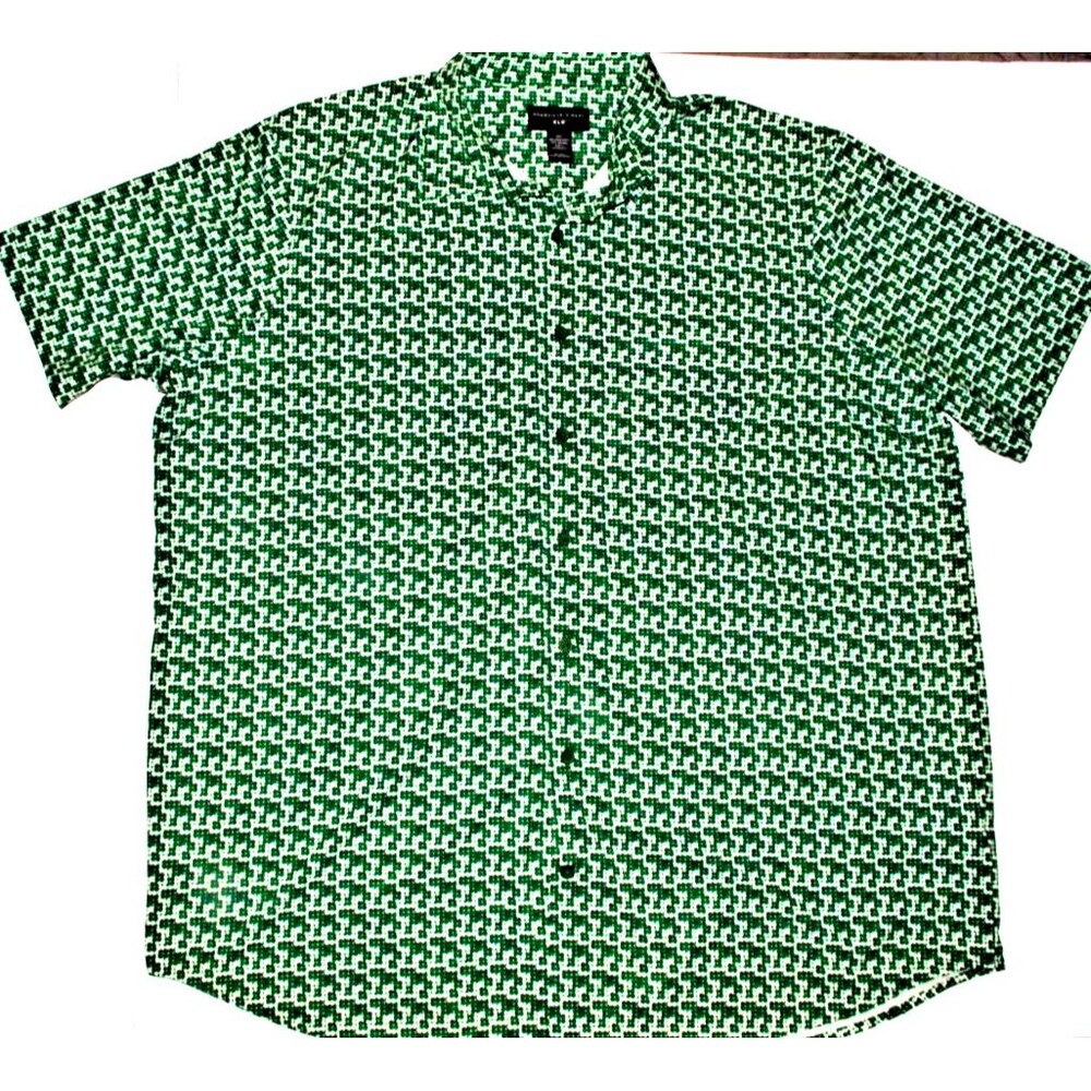 Shaquille O'Neal Men's 2XL Tall 2XLT Green Geometric Button Up Shirt Stretch EUC